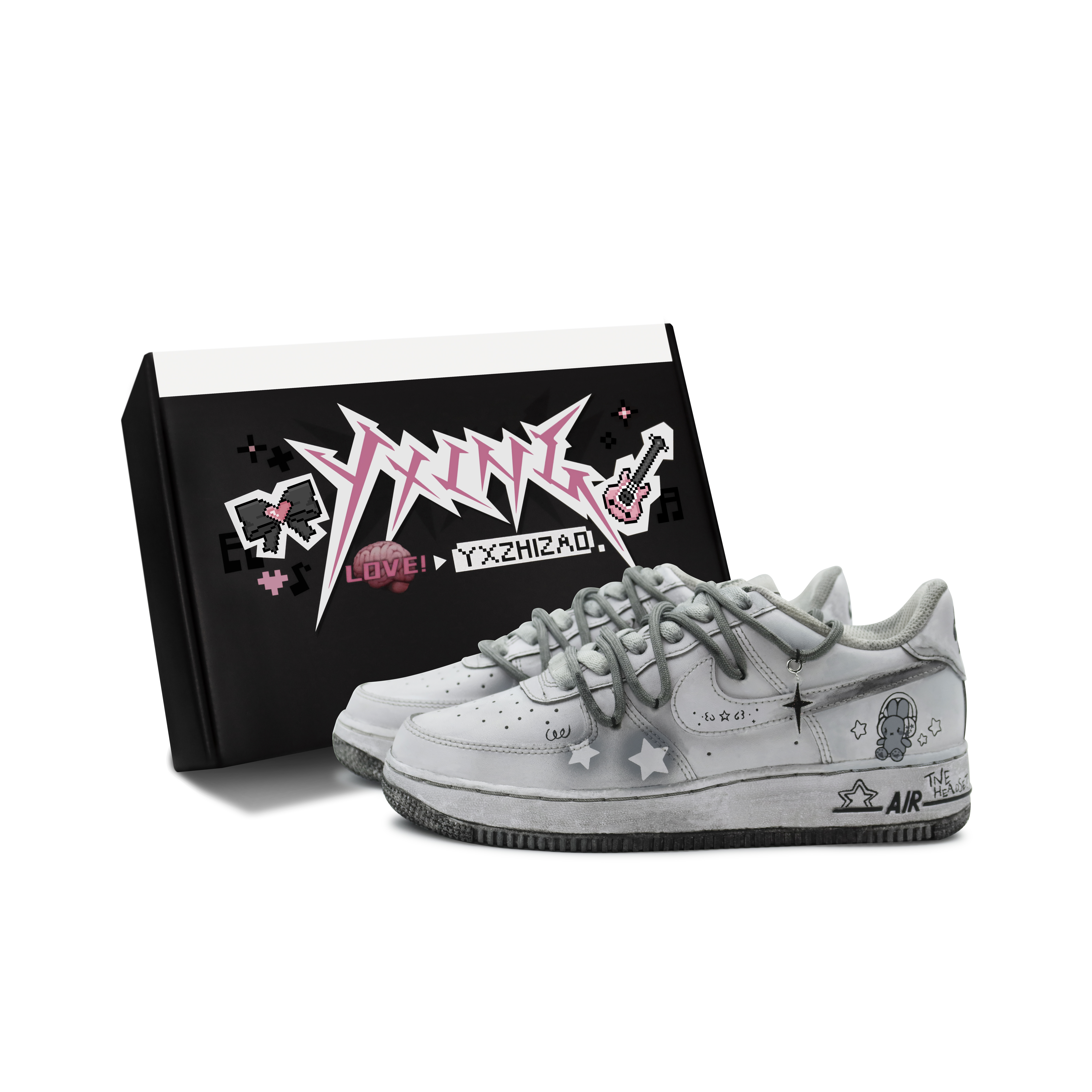 [Кроссовки по индивидуальному заказу] Nike Air Force 1 Low Made by ZIM белый Хината Усаги Просроченный альбом Shibuya Наушники Кролик Романтический панк Серый стиль Специальная коробка для обуви Низкий верх панель обувь женский состаренный серый