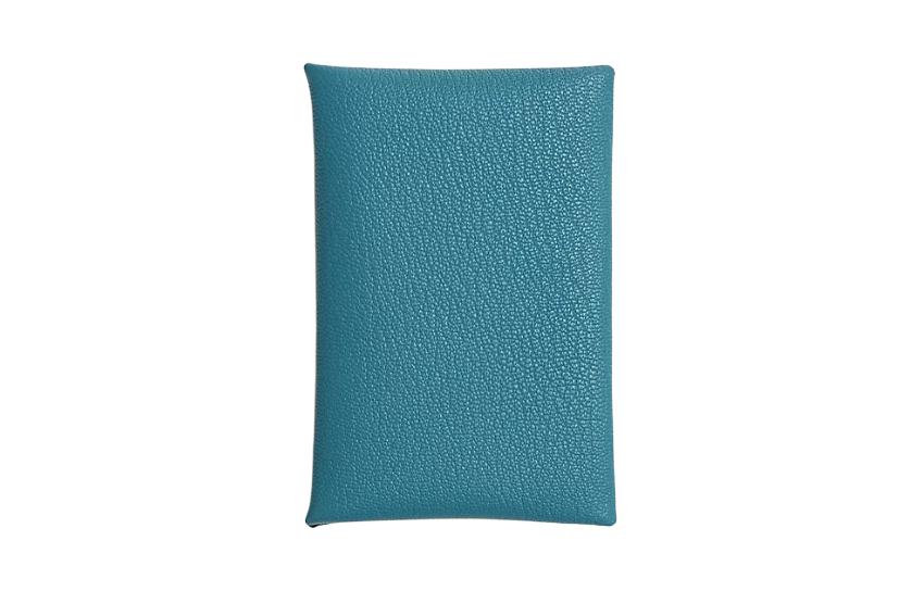 HERMES Calvi Mysore Goat Skin Wallet, Coin Purse, Card Holder Women's New Denim Blue & Black