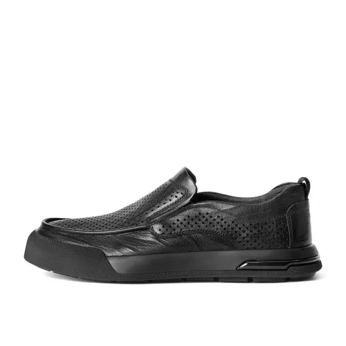 Belle BELLE cow leather perforated breathable slip-on dad shoes, comfortable slip-ons, business commuting, formal leather shoes, casual shoes, men's black