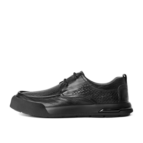 BELLE cow leather, perforated and breathable, lace-up leather shoes, business commuting, versatile and comfortable dad shoes, casual shoes, men's black
