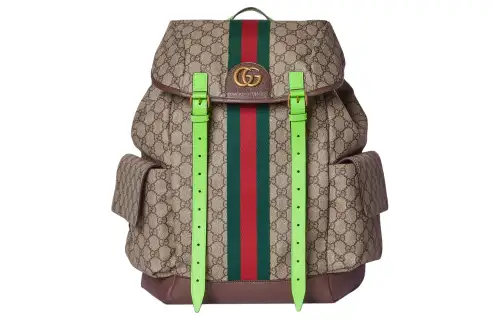 GUCCI Ophidia Canvas With Leather Binding Backpack Medium Women's Beige & Ebony & Green