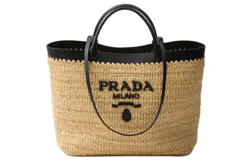 PRADA Raffia Handbag Medium Women's Tan & Black
