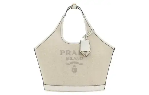 PRADA Linen Blend With Leather Tote Bag, Shopping Bag, Handbag Medium Women's Ivory