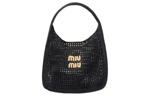 MIU MIU Raffia Hobo Bag, One Shoulder Handbag Women's Black & Tan