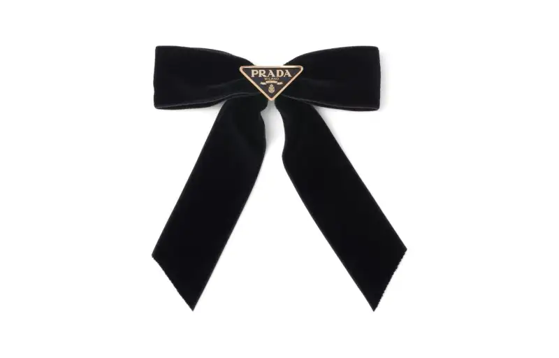 PRADA Triangle logo Bow Velvet Hair Clip