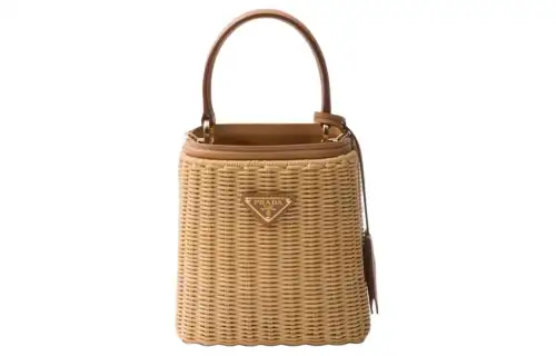 PRADA Woven Fabric With Leather Shoulder Crossbody Handbag Mini Women's Natural