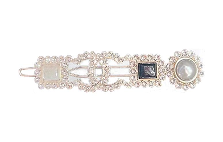 CHANEL Chanel Double C Design Metal Artificial Pearl Glass Rhinestone Hair Clip Women's Gold
