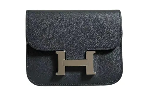 HERMES Constance Slim Silver Tone Buckle Evercolor Leather Wallet, Card Holder, Fanny Pack Women's Haze Gray H0 Color