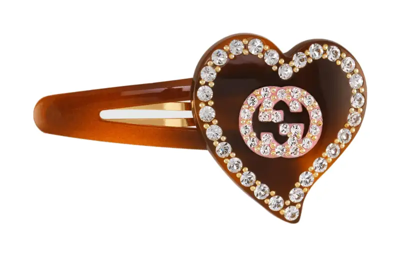GUCCI Heart Shaped GG Crystal Hair Clips Women's Brown