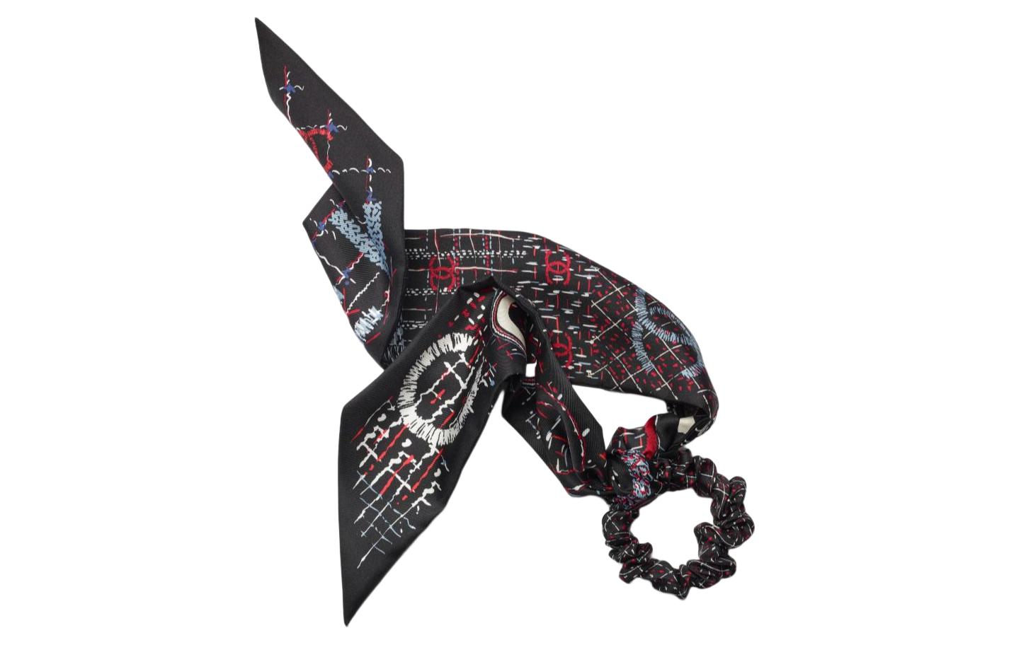 CHANEL Silk Twill Hair Tie Women's Black/Red