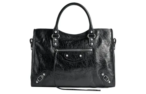 Balenciaga Le City Medium Bag In Black Arena Lambskin Shiny Silver Hardware Black