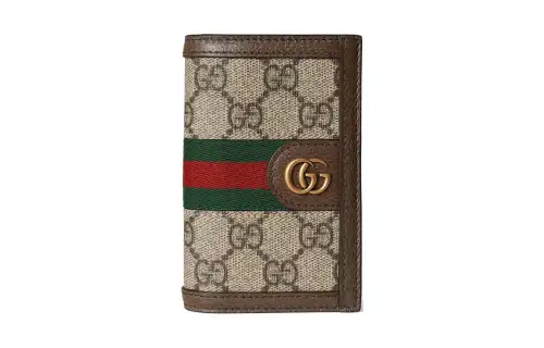 GUCCI Ophidia Canvas With Leather Binding Card Holder Men's Beige & Ebony