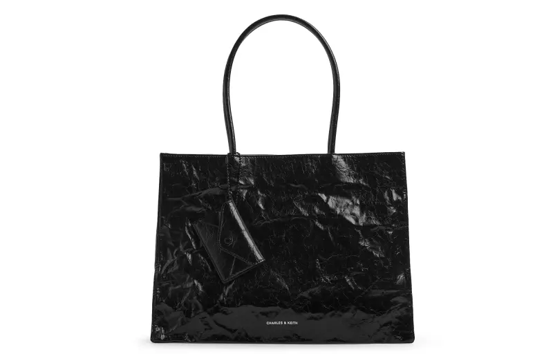 CHARLES&KEITH Pu Shoulder Bag, Handbag, Tote Bag, Shoulder Bag Large Women's Jet Black/Cream Milk White