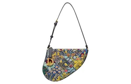DIOR Raffia Embroidered Denim Saddle Bag Clutch Handbag Women's Blue Multicolor