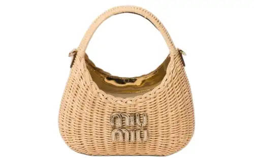 MIU MIU Wander Raffia Fiber Crescent Bag, Shoulder Bag, Crossbody Bag, Handbag Women's Natural & Platinum