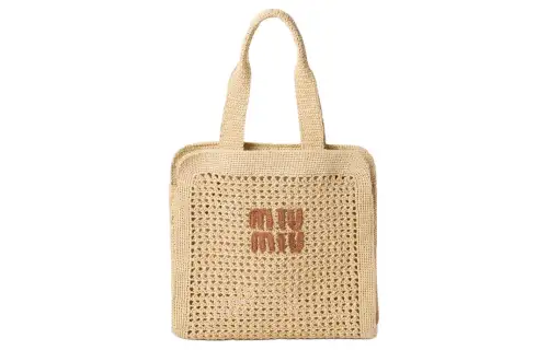 MIU MIU Fabric Tote Bag, Shopping Bag, Handbag Women's Natural Cognac