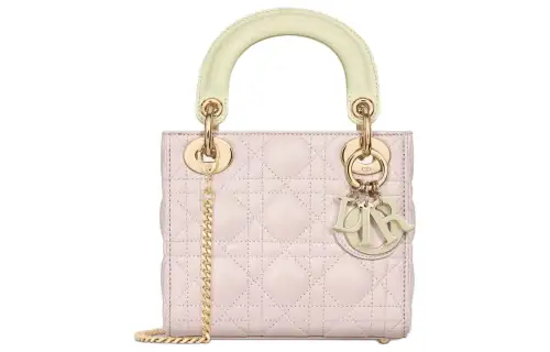 DIOR Lady Dior Wicker Pattern Sheepskin Shoulder Bag, Crossbody Bag, Handbag Mini Women's Light Yellow & Quartz Pink