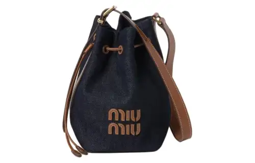 MIU MIU Denim With Leather Bucket Bag, Shoulder Bag, Crossbody Bag Women's Blue & Brown