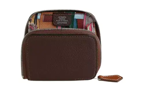 HERMES Silk'In Evercolor Calfskin Coin Purse Women's Brown & Multicolor