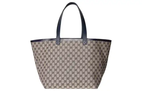 GUCCI Canvas With Leather Trim Canvas Bag, Tote Bag, Shopping Bag, Handbag Medium Women's Beige & Blue