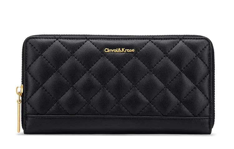CinvaiKrose Calfskin With Microfiber Clutch Wallet Diamond Pattern Chanel Inspired Long Coin Purse Women's Black