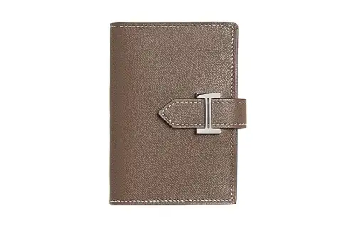 HERMES Bearn Silver Tone Buckle Madame Calfskin Card Holder Women's 18 Etoupe Elephant Gray