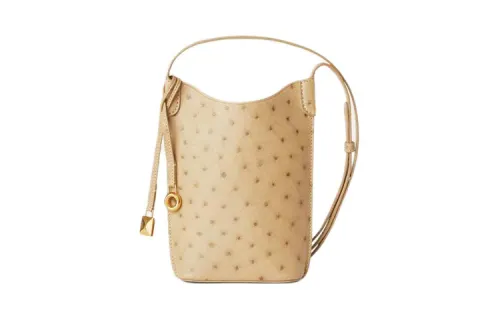 Loro Piana Ostrich Leather One Shoulder Crossbody Cell Phone Pouch Women's Beige Yellow