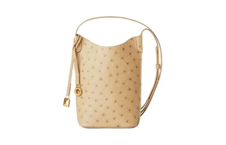 Loro Piana Ostrich Leather One Shoulder Crossbody Cell Phone Pouch Women's Beige Yellow