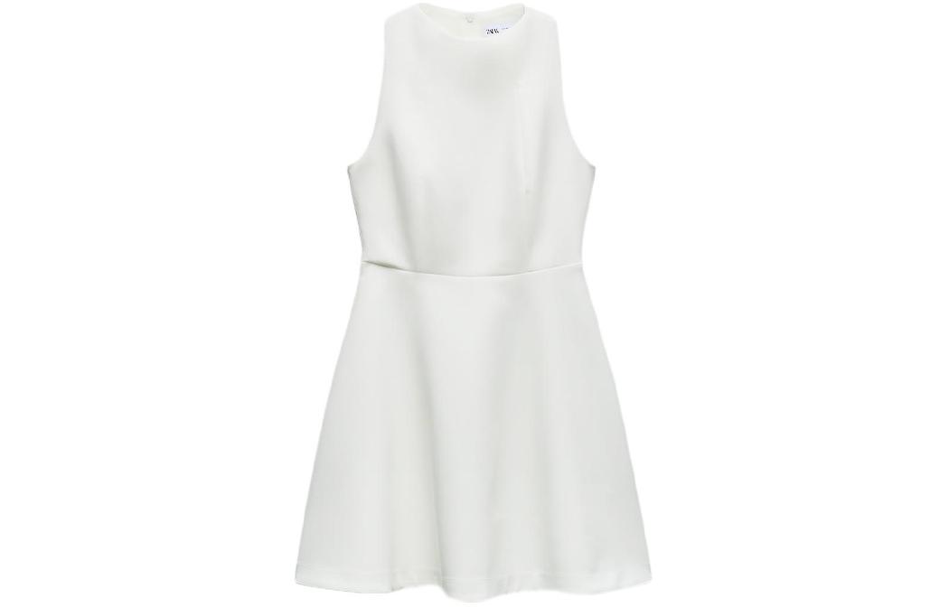 ZARA Простой твердый цвет круглый воротник без Платье рукава женский молоть белый