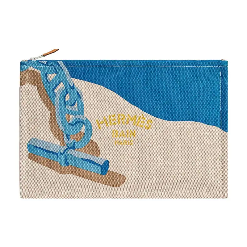 HERMES Escale Cotton Canvas Bag Clutch Women's Sky Blue & Midnight Blue