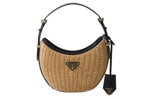 PRADA Arque Wicker With Leather Handbag Women's Tan & Black