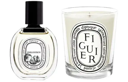 Diptyque, perfume, white candle, fig color