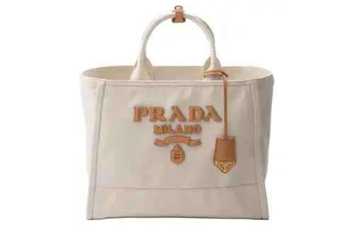 PRADA Fabric With Leather Tote Bag, Shopping Bag, Handbag Large Women's Sand White