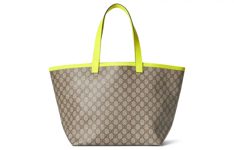GUCCI Canvas With Leather Canvas Bag, Tote Bag, Shopping Bag, Shoulder Bag, Handbag Medium Women's Beige & Neon Yellow