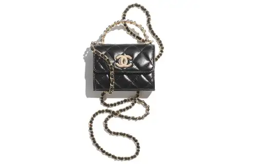 CHANEL Bright Crinkle Lambskin Artificial Pearl Handbag, Shoulder Bag, Crossbody Bag Small Women's Black
