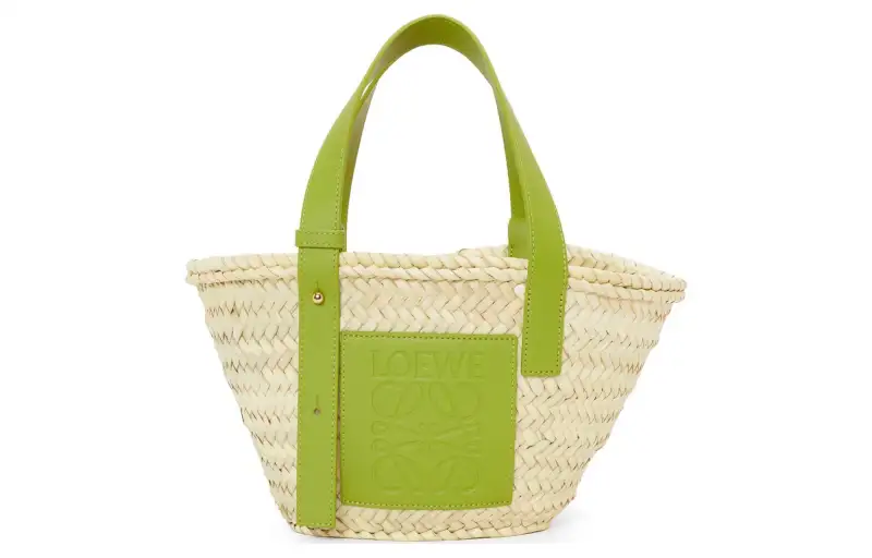 LOEWE Basket Palm Leaf With Calfskin Basket Bag, Tote Bag, Shopping Bag, Handbag Small Women's Natural & Prairie Green