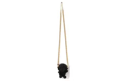 A BATHING APE Detachable 18K gold-plated chain with eggplant hoop design on both sides. Polyester, wool and acrylic blend. One-shoulder crossbody bag, mini, women's, black/white.