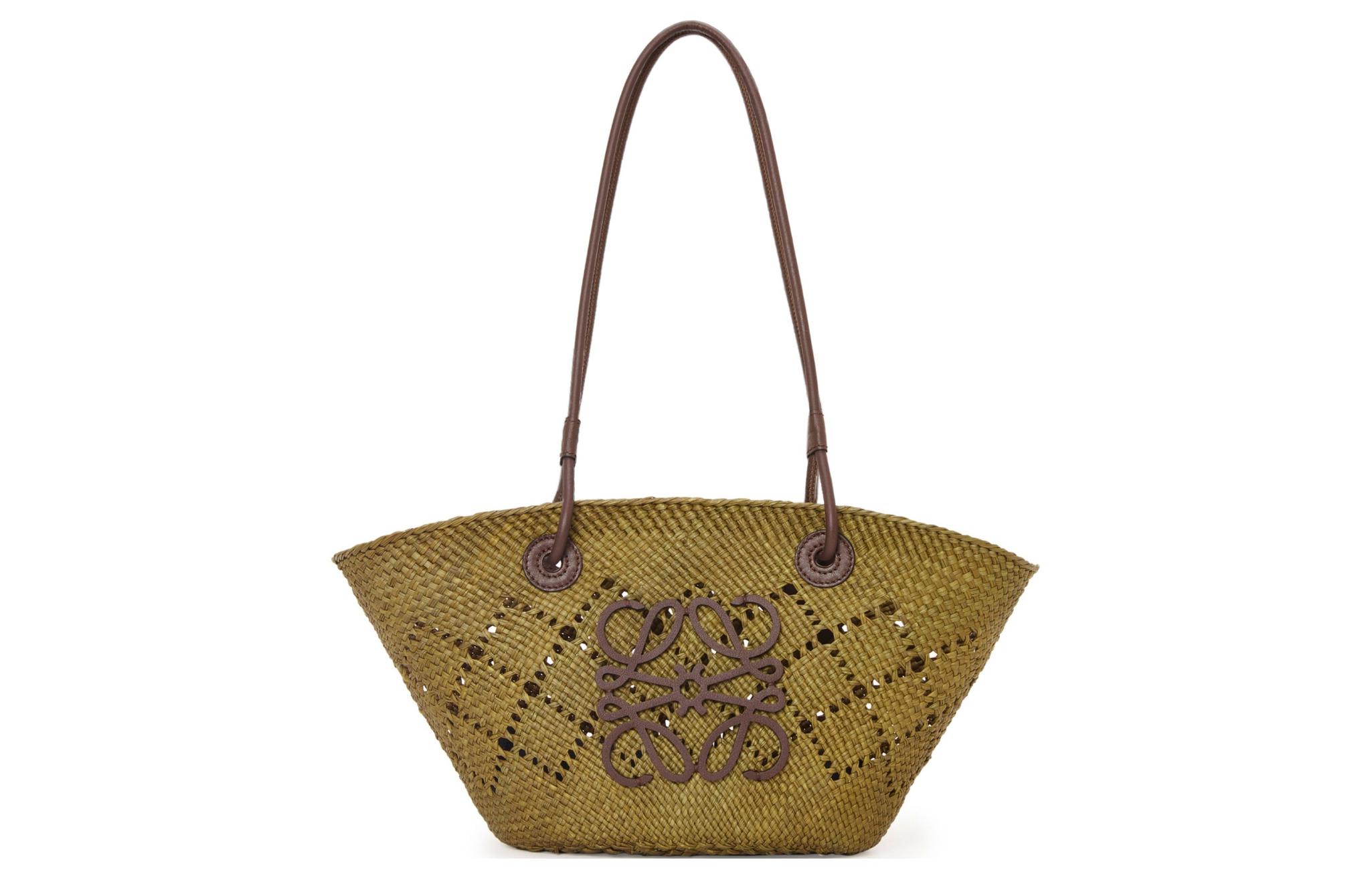 LOEWE Anagram Basket Raffia With Calfskin Tote Bag, Shopping Bag, Handbag, Shoulder Bag Women's Olive & Chestnut