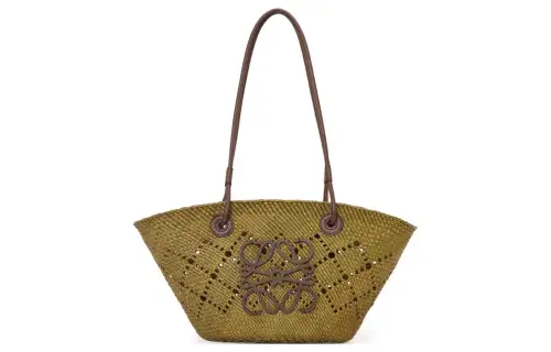 LOEWE Anagram Basket Raffia With Calfskin Tote Bag, Shopping Bag, Handbag, Shoulder Bag Women's Olive & Chestnut
