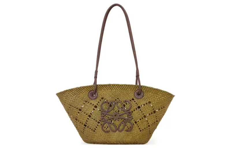 LOEWE Anagram Basket Raffia With Calfskin Tote Bag, Shopping Bag, Handbag, Shoulder Bag Women's Olive & Chestnut