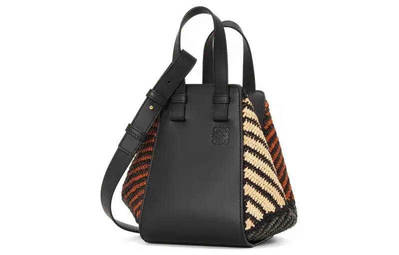 LOEWE Raffia With Calfskin Hammock Bag, Handbag, Shoulder Bag, Crossbody Bag Women's Black & Natural
