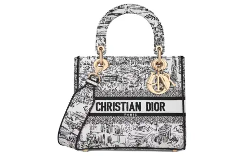 DIOR Lady D Lite Embroidery Handbag Crossbody One Shoulder Handbag Medium Women's White & Black