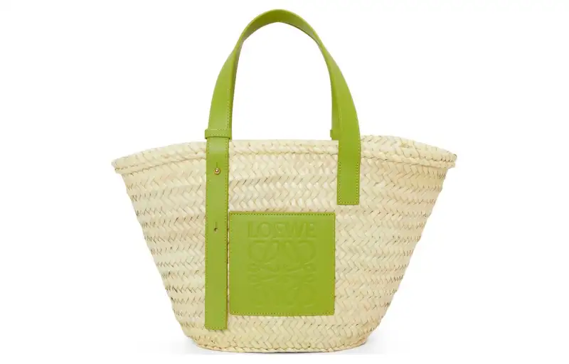 LOEWE Basket Palm Leaf With Calfskin Basket Bag, Tote Bag, Shopping Bag, Handbag Medium Women's Natural & Prairie Green