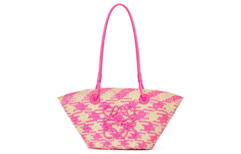 LOEWE Anagram Basket Palm Leaf With Calfskin Handbag, Shoulder Bag Women's Natural & Fuchsia