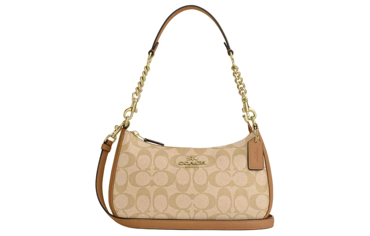 COACH Teri Canvas With Smooth Leather Handbag, Shoulder Bag Medium Women's Gold & Light Khaki