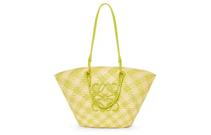 LOEWE Anagram Basket Banyan Leaf With Calfskin Handbag, Shoulder Bag Women's Natural & Lime Green