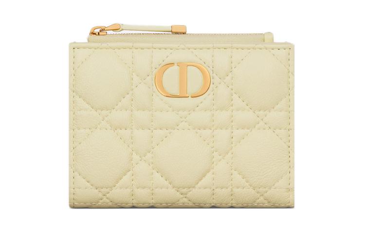 DIOR Caro Wicker Pattern Calfskin Wallet Women's Yellow