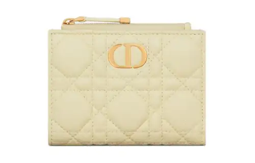 DIOR Caro Wicker Pattern Calfskin Wallet Women's Yellow