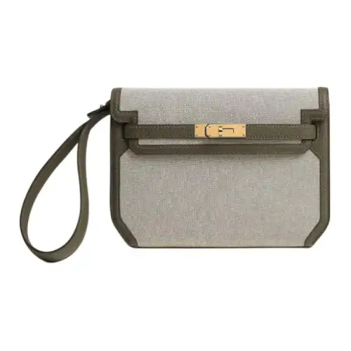 HERMES Kelly Depeches H Canvas With Togo Calfskin Clutch Men's Light Beige & Apricot & Verona Green