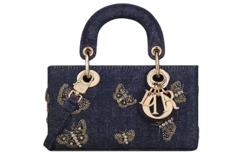 DIOR Butterfly Embroidery Denim Fabric Shoulder Bag, Crossbody Bag, Handbag Extra Mini Women's Blue